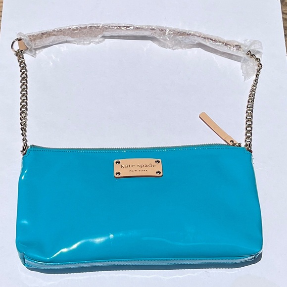 Kate Spade teal and ash purse. Stunning. EUC. Approx 11”x5.75” body. Strap 24.5” - Picture 4 of 16
